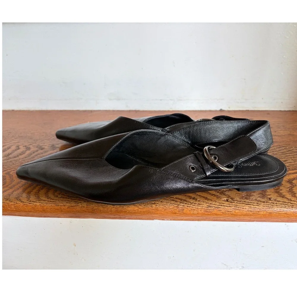 Jeffrey Campbell Scone Black Leather Pointed Toe Buckle Flats 11 Small Flaw